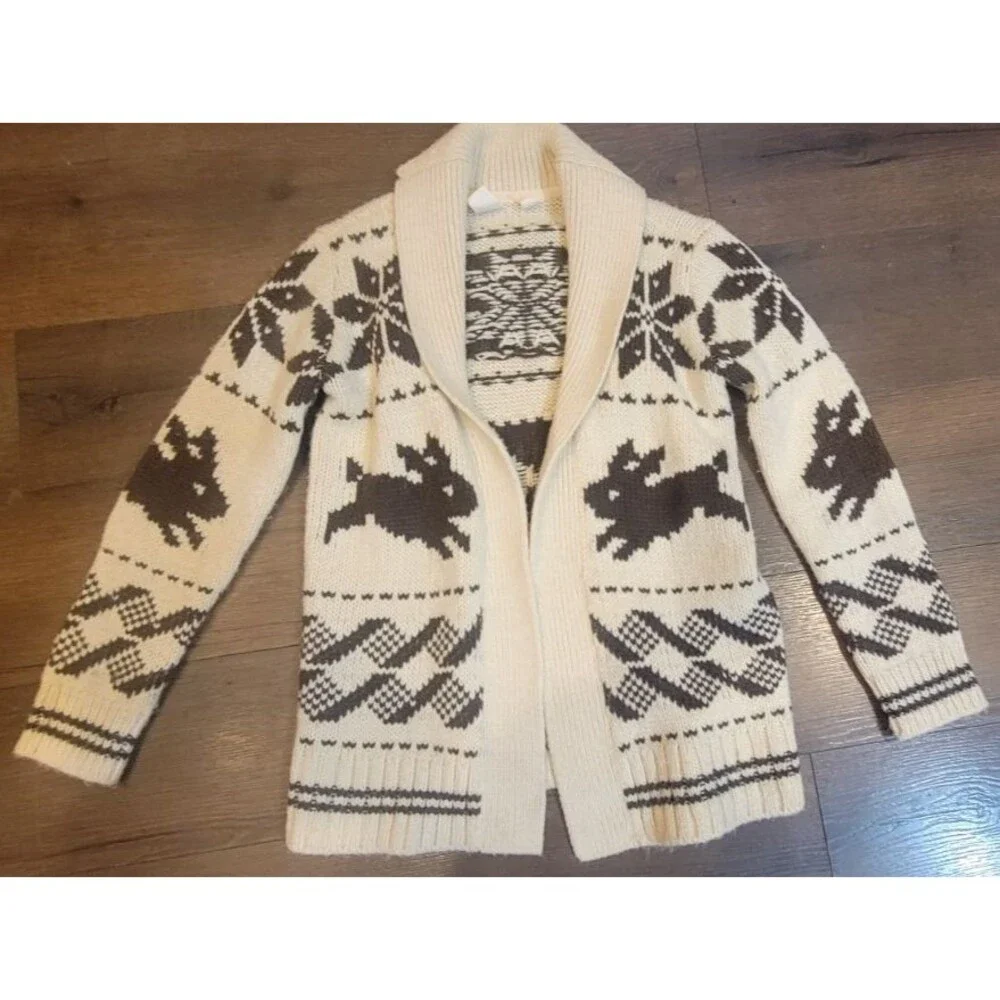 GAP Girl Open Cardigan Sweater Large 10-11 Wool Blend Cream & Brown Bunny Rabbit